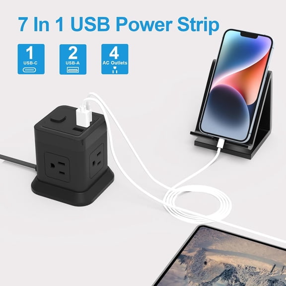 XUERUI-Power Strip with USB C Ports, Power Cube with USB C, PD 20W Fast Charge Power Cube with 4 Outlets and 3 USB, 10FT Flat Plug Power Strip for Home, Office, Dorm Room Essentials
