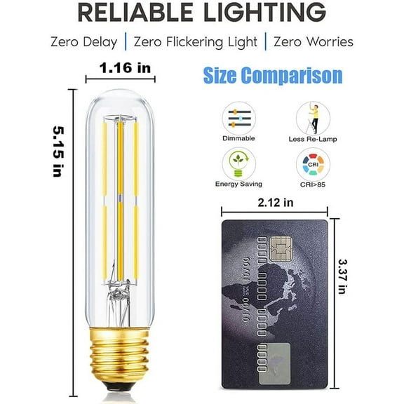 XUERUI-T10 Led Bulb,Dimmable Led Tubular Bulbs 6W,Equivalent 60Watt,Daylight 4000K, 600LM, Clear Glass,E26 Base Vintage LED Edison Bulbs, for Cabinet Display Cabinet etc,3 Pack.