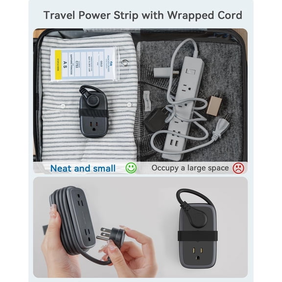 XUERUI-Travel Power Strip with USB Ports, 4ft Flat Plug Wrapped Around Short Extension Cord with 4 Outlets 3 USB Ports, Compact for Cruise Travel Essential Hotel Home Office, Black