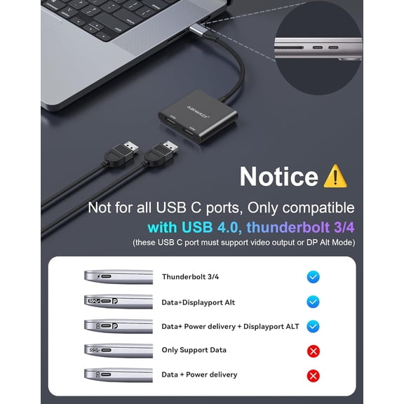 XUERUI-USB C to Dual HDMI Adapter 4K@60Hz, HDMI Splitter for Dual Monitors Extend Display, USB C HUB Multi Monitor Adapter to 2HDMI Ports Converter for Dell XPS 13/15,HP,Lenovo, Surface Type C Lapto