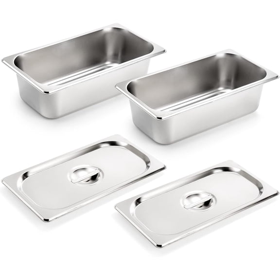 XUET 2 Pack 1/3 Size Hotel Pans with Lids, 3-5/8" Depth, 22 Gauge Steam Table Pan, Stainless Steel Counter pan, Food Service Pan for Kitchen