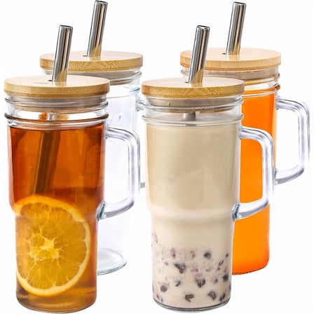 XUET 24oz Glass Cups with Lids and Straws - Glass Tumbler cup with bamboo lids and straw iced coffee cup