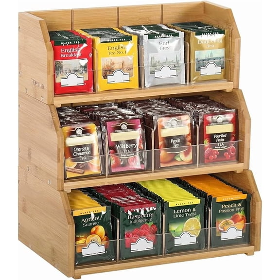 Xuet 3 Tier Stackable Bamboo Tea Bag Organizer, Large Capacity Tea Storage Holder Rack with Removable Compartments for Countertop Cabinet Office