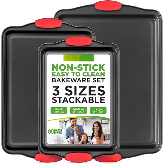 XUET 3-Piece Nonstick Kitchen Oven Baking Pans - Premium & Stylish Non-Stick Steel, Commercial Grade Restaurant Quality Metal Bakeware with Red Silicone Handles - Easy to Clean, NCSBS3S