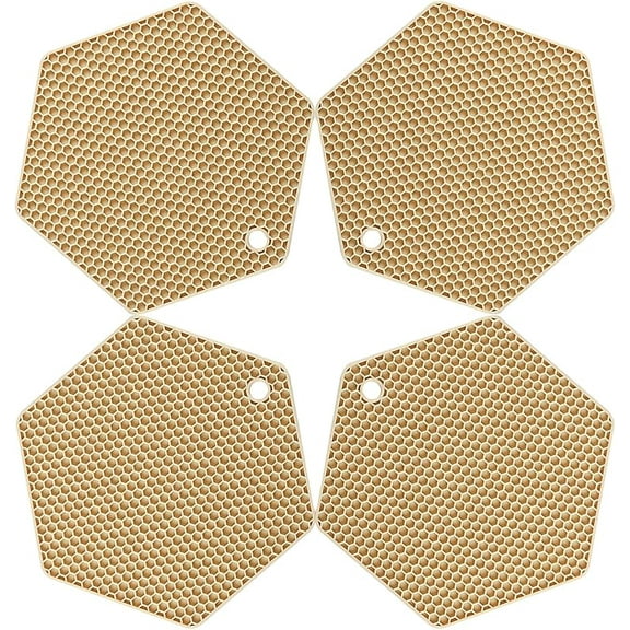 XUET 4 Packed Silicone Trivet Mats - DIY Different Size Dish Drying Mat, Hot Pot Holder for Pots & Pans, Non-Slip & Heat Resistant Kitchen Hot Pads for Countertops & Table, Beige