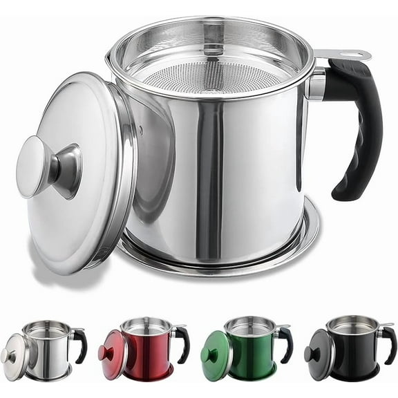 XUET Bacon Grease Container With Strainer, 48 oz Stainless Steel Oil Container, Pot Fat Storage With Lid, Easy Grip Handle Suitable For Storing Frying Oil And Cooking Grease 1. Silver