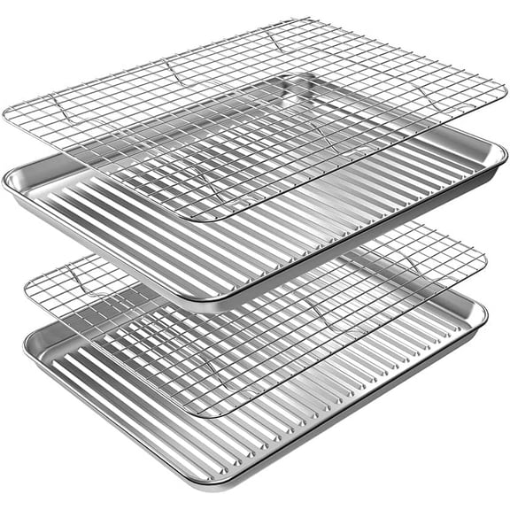 XUET Baking Sheet with Rack Set (2 Pans + 2 Racks), Stainless Steel Cookie Sheet with Cooling Rack, Nonstick Baking Pan, Warp Resistant & Heavy Duty & Rust Free, Size 12" X 10" X 1"