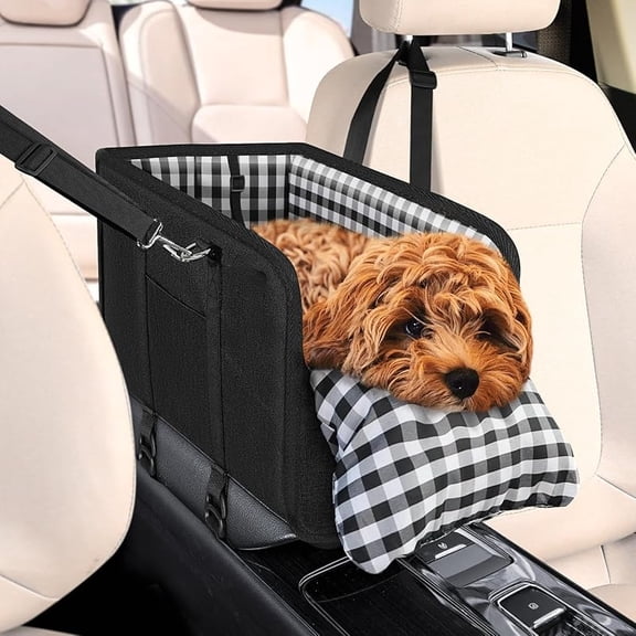 XUET Console Dog Car Seat - Portable Dogs Armrest Booster Seat for Small Dog, Anti-Collapse Pet Car Seat with Soft Cushion Safety Belt, Support Pet Up to 11lbs (Black)