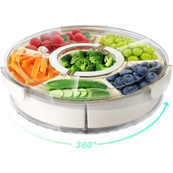 XUET Divided Rotating Serving Tray with Lid and Handle, Portable Snackle Box for Fruits Snacks Veggie Charcuterie, Clear Lazy Susan Organizer and Fridge Storage Container for Adults Child (1PCS,12" L