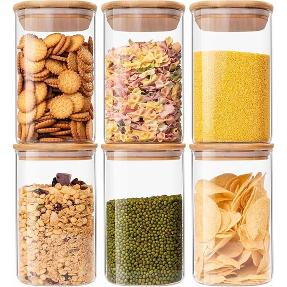 XUET Glass Food Storage Jars 37 oz Set of 6,Glass Storage Containers Clear Glass Food Canister with Bamboo Lid Airtight For Serving Tea, Coffee, Flour, Sugar, Candy, Cookie, Spice and More (Square)
