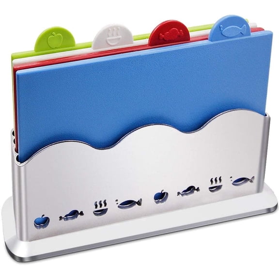 Xuet Index Tab Color Coded Cutting Boards Set with Stainless Steel Storage Rack Holder, 12x8 Inch Non-Slip Plastic Kitchen Chopping Boards, Dishwasher Safe