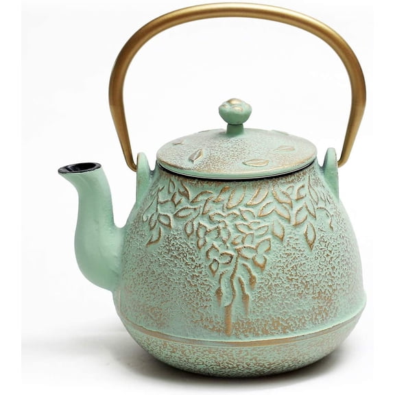 XUET Japanese Teapot with Stainless Steel Infuser, Cast Iron Tea Kettle Stovetop Safe, Leaf Design Coated with Enameled Interior for 32 Ounce (950 ml), Light Green