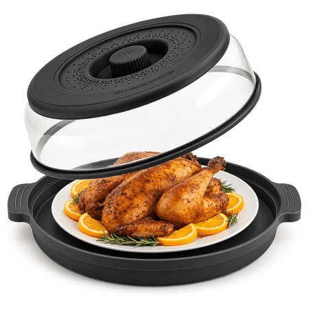Xuet 10.7 Inch Microwave Splatter Cover, Collapsible Vented Microwave Guard Lid with Anti-Scald Base Plate, Plastic Silicone Heat Resistant Splash Guard for Kitchen Meal Prep, Gray