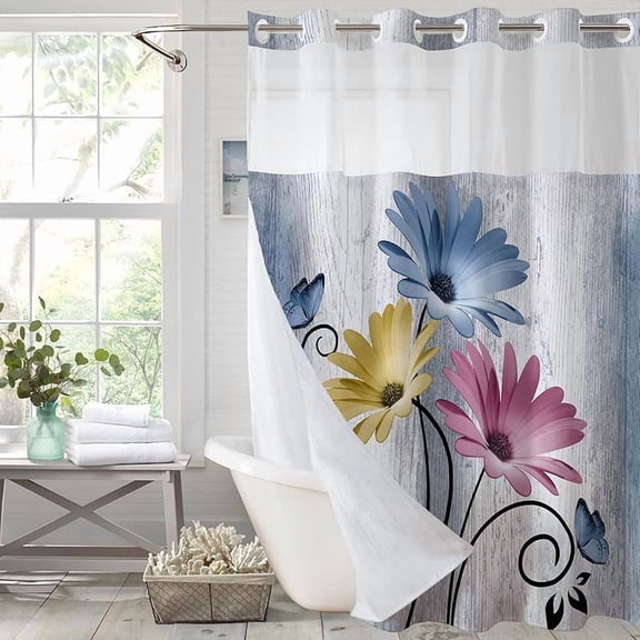 XUET Mixed Color Watercolor Floral Shower Curtain,No Hook Shower Curtain,Polyester Shower Curta with Snap in Fabric,Sheer Top Window for Bathroom Decor,Waterproof & Washable,72W x 75L Inch