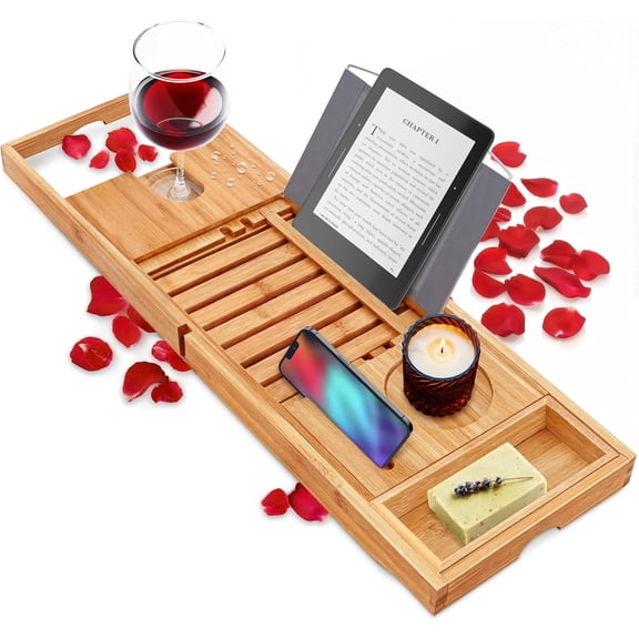 XUET Premium Bathtub Tray Caddy, Expandable Bath Tray, Unique House Warming Gifts, Gift for Mom, Women, New Home, Wedding, Anniversary, Bridal Shower, Universal Fit for All Tub - Classic