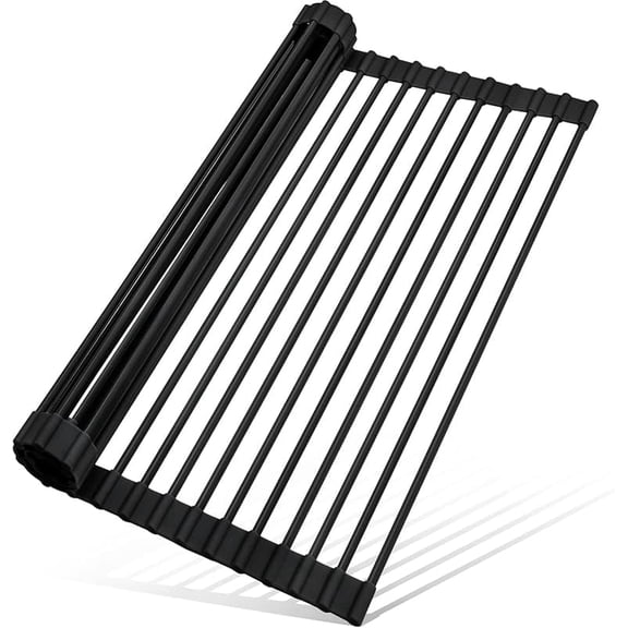 XUET Roll Up Dish Drying Rack Silicone Wrapped Over The Sink Dish Drying Rack Multipurpose Foldable Sink Drying Mat Anti-Slip & Anti-Rust Dish Rack for Kitchen, 17.5" x 13", Black