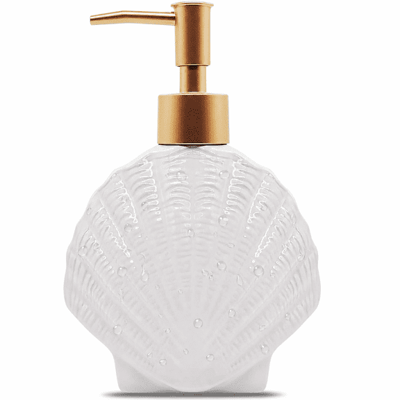 Xuet Shell-Shaped Soap Dispenser, White Ceramic with Gold Pump