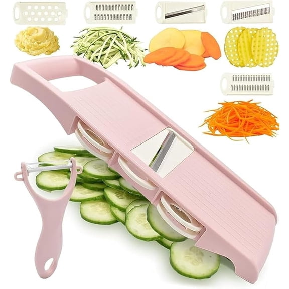 XUET Slicer for Kitchen Slicer Vegetable Cutter 5 In 1 Veggie Slicer Potato Slicer waffle fry cutter Hot Swap Mandolin with Peeler for Vegetables Carrot Shredder Cucumber Slicer - Pink