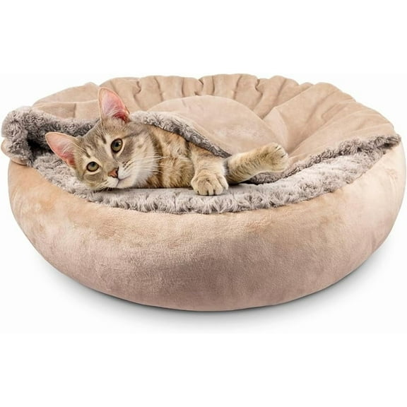 XUET Small Dog Bed Cat Bed with Hooded Blanket, Cozy Cuddler Luxury Puppy Pet Bed, Donut Round Calming Anti-Anxiety Dog Burrow Cave Bed - Anti-Slip Bottom and Machine Washable 23 inch