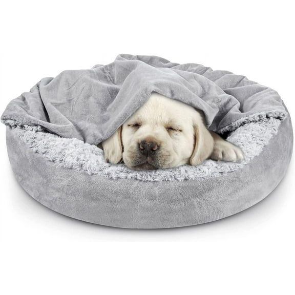 XUET Small Dog Bed Cat Bed with Hooded Blanket, Cozy Cuddler Luxury Puppy Pet Bed, Donut Round Calming Anti-Anxiety Dog Burrow Cave Bed - Anti-Slip Bottom and Machine Washable 23 inch