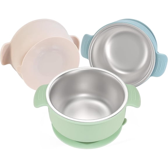 XUET Stainless Steel and Silicone Baby Bowls with Suction 3 Pack, 4.3” for Toddlers Kids Feeding, Non-Slip, Non-Toxic, Mess-Free, Dishwasher Safe, Fit High Chair Size