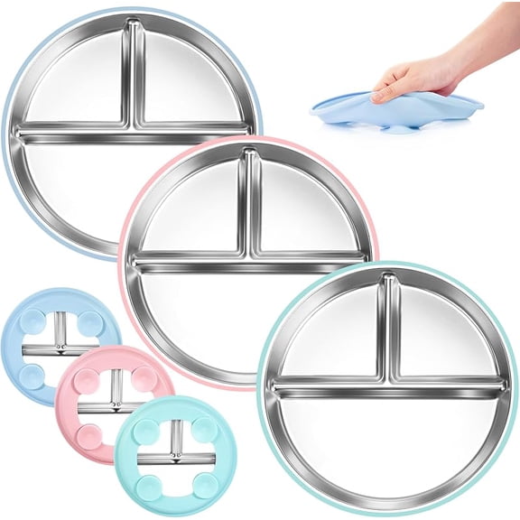 XUET Stainless Steel Toddler Plates Silicone Suction,3 Packs Non-Slip Baby Plates,Divided Portion,Food-Grade Silicone Plate for Kids,LEAD-FREE Dishwasher Safe