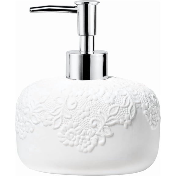 XUET White Soap Dispenser, Ceramic Countertop Lotion Dispenser 14oz with Embossed Design, Bathroom Refillable Lotion Bottle for Shower Soaps Shampoo Kitchen Organization, ANTIS'S HOME