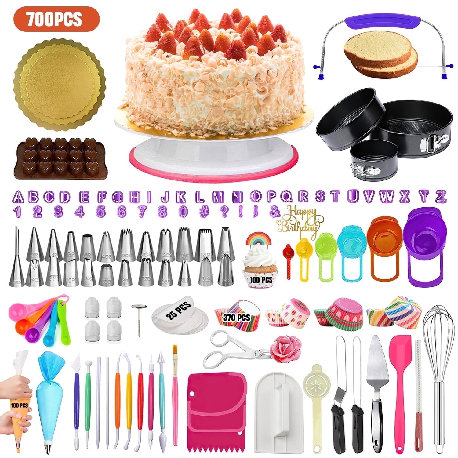 XUEYU Cake Decorating Supplies Kit,700 Pcs Cake Decorating Kit W/ 3 Non-Stick Springform Pans & 24 Piping Tips,Cupcake Decorating Kit for Beginners,Cake Baking Supplies W/ Non-slip Rotating Turntable