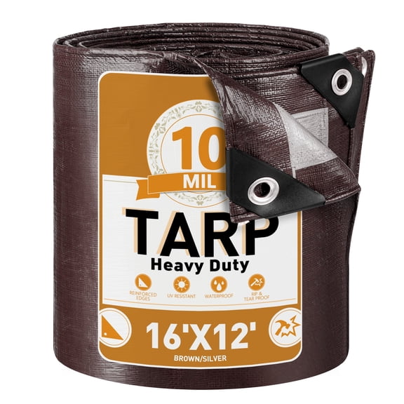 XUEYU 10Mil Heavy Duty Tarp Cover, 12x16 ft Multi-Purpose Waterproof Poly Tarp, UV Protection Tarpaulin with Reinforced Grommets and Edges for Home, Outdoor, Camping, Woodpile (Brown & Silver)