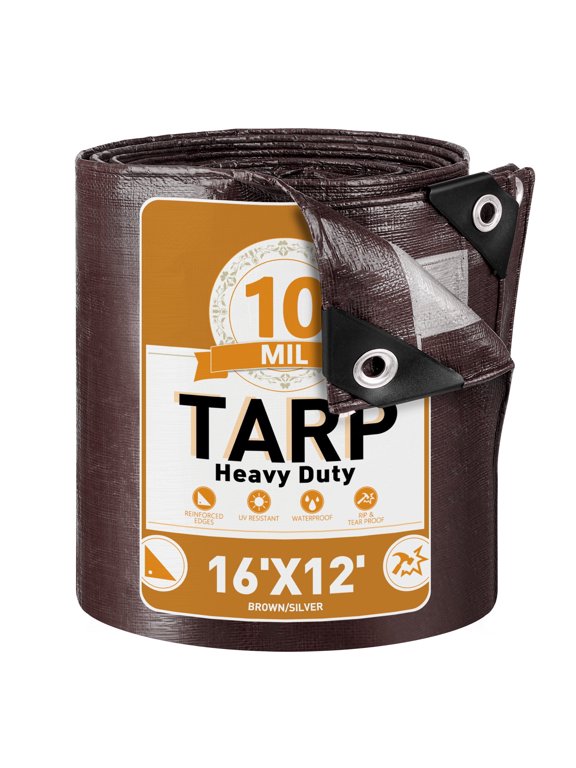 10Mil Heavy Duty Tarp Cover, 12x16 ft Multi-Purpose Waterproof Poly Tarp, UV Protection Tarpaulin with Reinforced Grommets and Edges for Home, Outdoor, Camping, Woodpile (Brown & Silver)