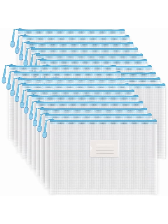 20 Pcs A4 Mesh Zipper Pouch Bags, Waterproof Letter Size Zipper Bags, Puzzle Bag with Label Pocket for School, Office Supplies, Cosmetics, Travel Storage and Home Organize