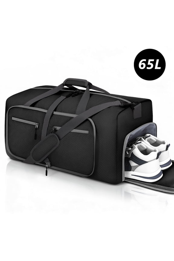 24" Large Travel Duffle Bag, Foldable Duffel Bag for Camping Gym Weekender Bag with Shoes Compartment, Packable Lightweight Water Repellent Duffel Bag for Camping Gym Weekender Bag Black