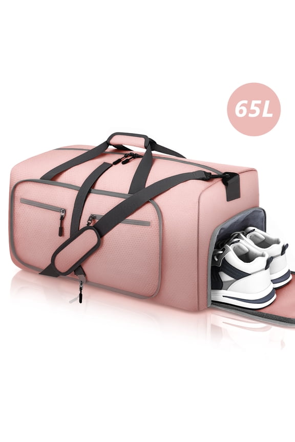 24" Large Travel Duffle Bag, Foldable Duffel Bag for Camping Gym Weekender Bag with Shoes Compartment, Packable Lightweight Water Repellent Duffel Bag for Camping Gym Weekender Bag Pink