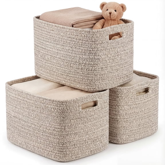 XUEYU 3 Pack Woven Baskets, 11"x11"x9" Cotton Rope Baskets, 18L Blanket Baskets for Storage, Cube Bin Square Shelves Organizer, Toy Basket or Storage Bins for Living Room, Baby Nursery(Oatmeal Brown)