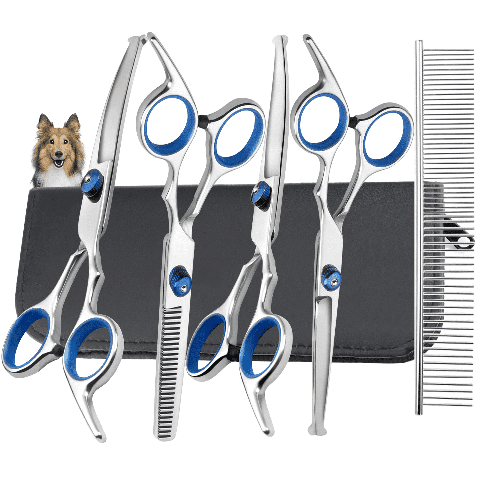 XUEYU 6 in 1 Dog Grooming Scissors Kit, 4CR Stainless Steel & Heavy-duty, Professional Dog Scissors for Grooming w/ Safety Round Tips, Sharp & Study Cat Grooming Shears Kit for Dogs Cats Pets(Blue)