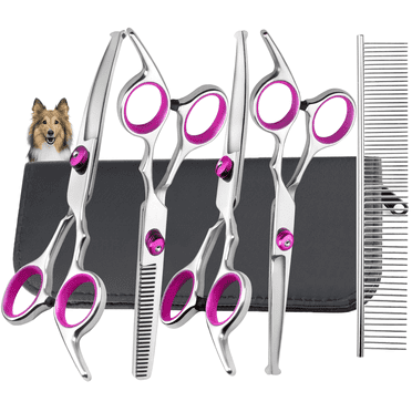 XUEYU 6 in 1 Dog Grooming Scissors Kit, 4CR Stainless Steel & Heavy-duty, Professional Dog Scissors for Grooming w/ Safety Round Tips, Sharp & Study Cat Grooming Shears Kit for Dogs Cats Pets(Pink)