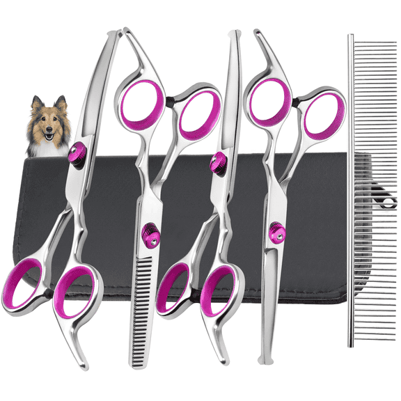 XUEYU 6 in 1 Dog Grooming Scissors Kit, 4CR Stainless Steel & Heavy-duty, Professional Dog Scissors for Grooming w/ Safety Round Tips, Sharp & Study Cat Grooming Shears Kit for Dogs Cats Pets(Pink)
