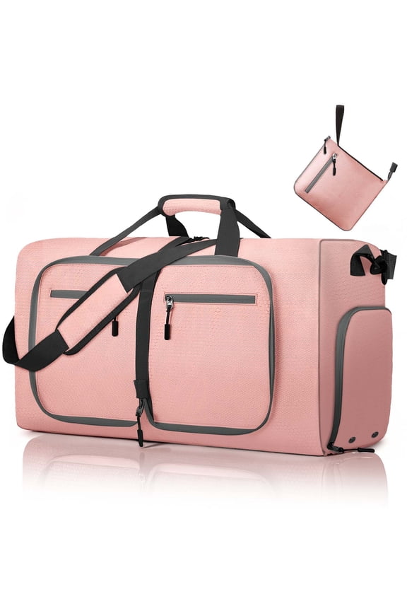 65L Travel Bag, Large Travel Duffel Bags with Shoes Compartment and Adjustable Strap, Foldable Travel Duffel Bags for Men Women,Waterproof Duffel Bags for Traveling Camping, Touring, Pink