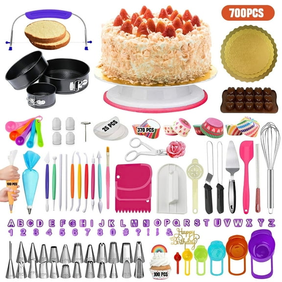 XUEYU 700 Pcs Cake Decorating Kit, Cake Baking Supplies with 3 Non-Stick Springform Pans Set and 24 Piping Tips, Baking Set with Non-slip Turntable, Cake Decorating Supplies Kit for Beginners,Plastic