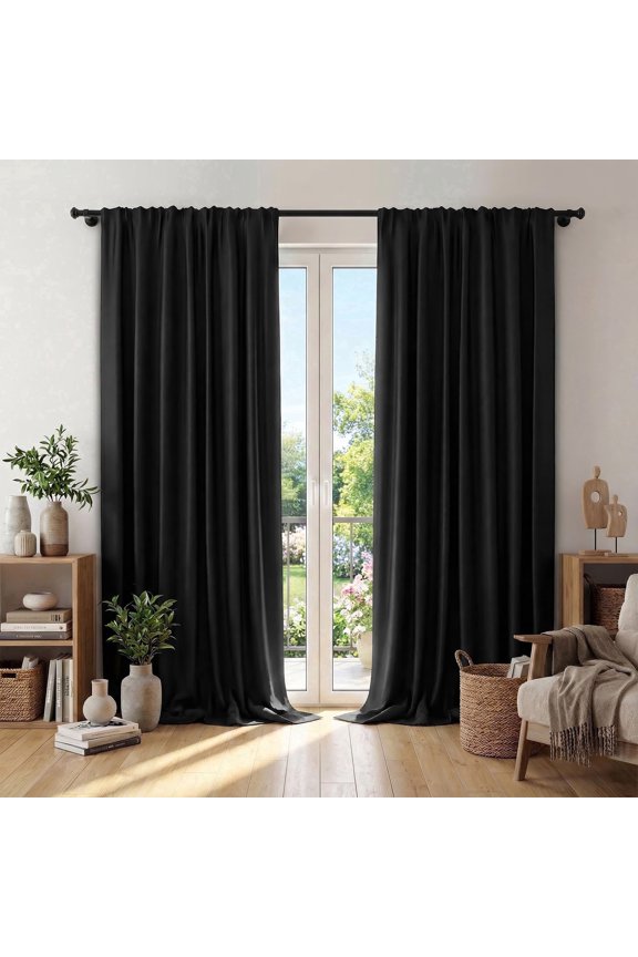 Window Curtains Blackout, Back Tab Curtains 96 Inch, 100% Blackout Curtains Darkening Light Blocking Curtains for Living Room Bedroom Full Light Blocking Curtains 2 Panel Set,W52 x L96, Black