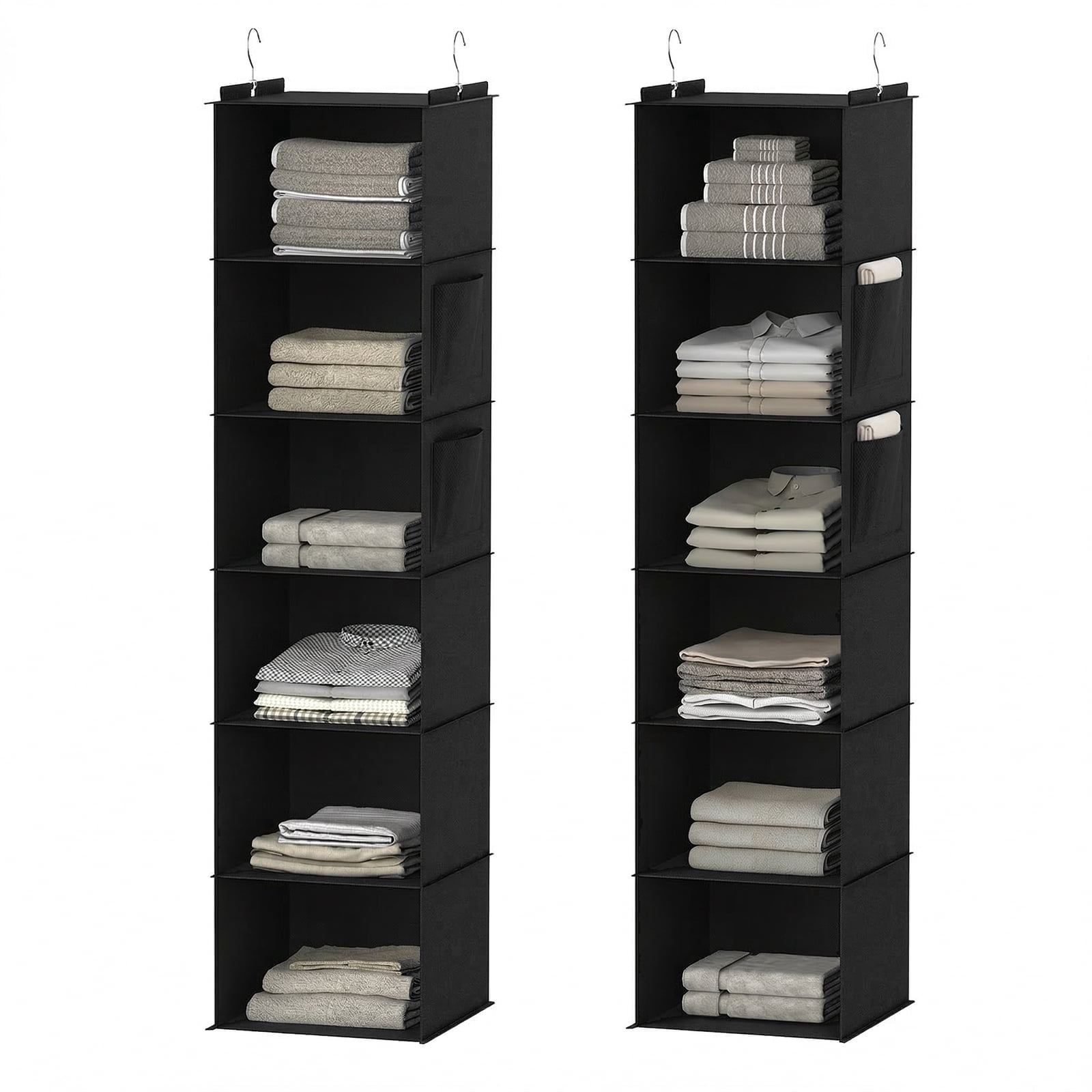 XUEYU Hanging Closet Organizer, 2 Pack Closet Hanging Storage Shelves with Bamboo Inserts, 6-Shelf Sturdy Hook Closet Organizers and Storage W/ 2 Side Pockets,Foldable Closet Storage for Bedroom,Gray