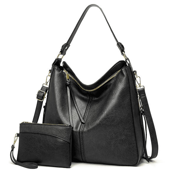 Hobo Bag for Women, Handbag and Wallet Set, Trendy Tote Bag w/ Large Capacity, Faux Leather Crossbody Bag w/ Detachable & Adjustable Shoulder Strap & Zip Wallet, Shoulder Bag Bucket, Black