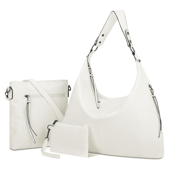 XUEYU Hobo Bags for Women, Shoulder Handbag Set-(Large Hobo Bag & Medium Crossbody Bag & Small Coin Purse), Large Capacity Tote Bag with Soft Wide Shoulder Strap, Trendy Crossbody Bags, White