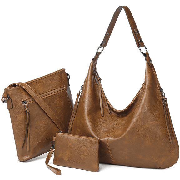 XUEYU Hobo Bags for Women, Shoulder Handbag Set-(Large Hobo Bag & Medium Crossbody Bag & Small Coin Purse), Large Capacity Tote Bag with Soft Wide Shoulder Strap, Trendy Crossbody Bags, Brown