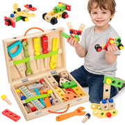 XUEYU Kids Tool Set, 46 PCS Wooden Montessori STEM Wooden tool Toys for 3 Year Old Boys, Toddler Tool Kit Includes Box, Birthday Gift for Boy Girl
