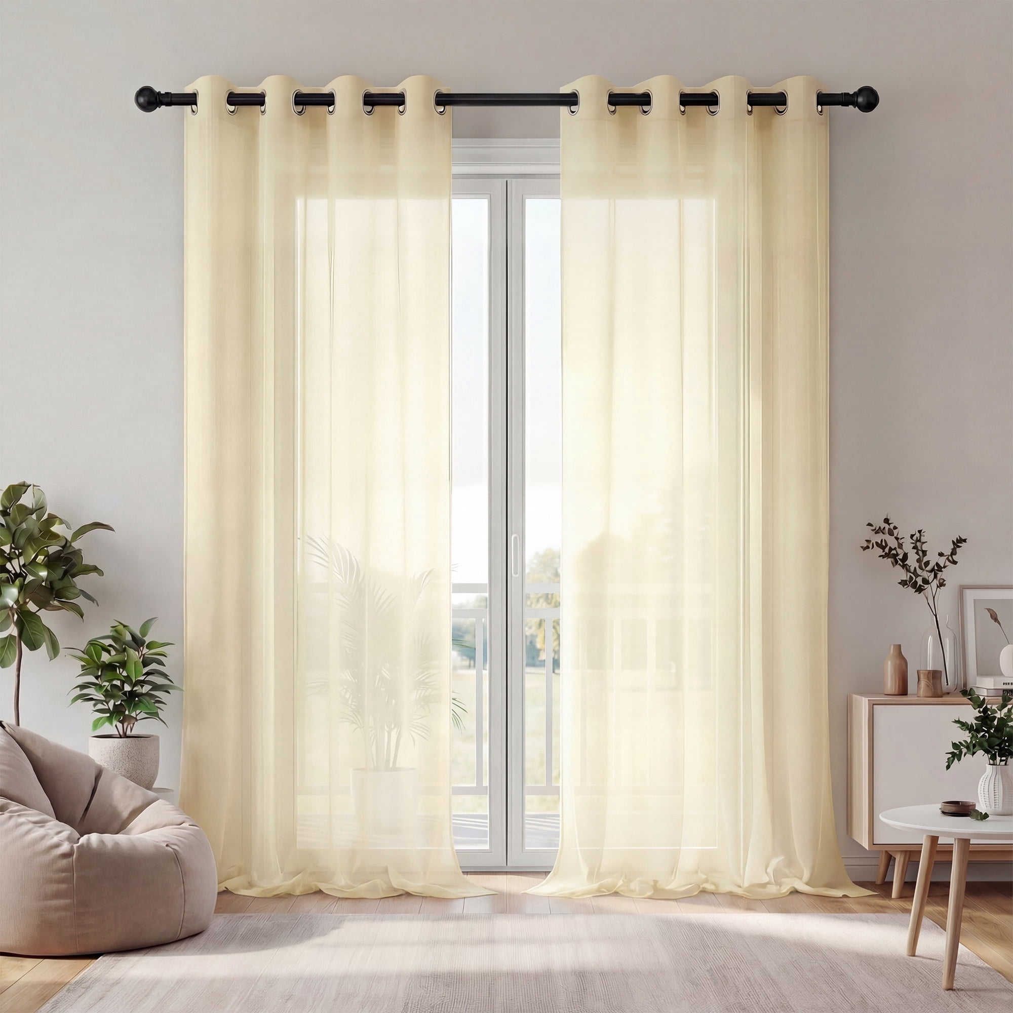 XUEYU Sheer Curtains 96 Inch Long, Window Curtain Panels, Rod Pocket Voile Sheer Panel Drapes, Light Filtering for Bedroom, Living Room, Yard, 2 Panels, 52" W x 96" L, Yellow