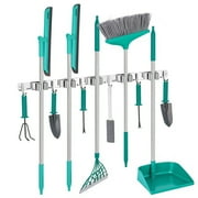XUEYU Mop and Broom Holder with 5 Racks & 6 Hooks, Wall Mount Tool Rack Organizer, Self Adhesive Garage & Home Storage, 304 Stainless Steel Tool Organizer Hooks for Home Kitchen Garden Laundry
