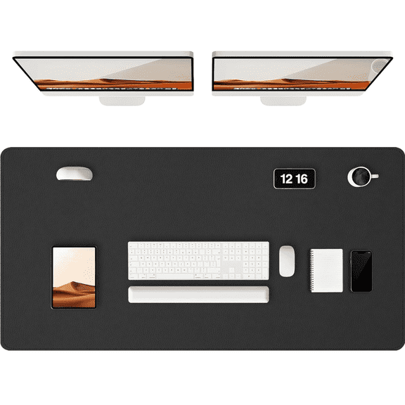 Leather Desk Pad Protector, Large PU Mouse Pad, Waterproof Office Desk Mat, Non-Slip Desk Blotter Pad with Strap, Writing Pad for Office and Home (Black, 47.2" x 23.6")