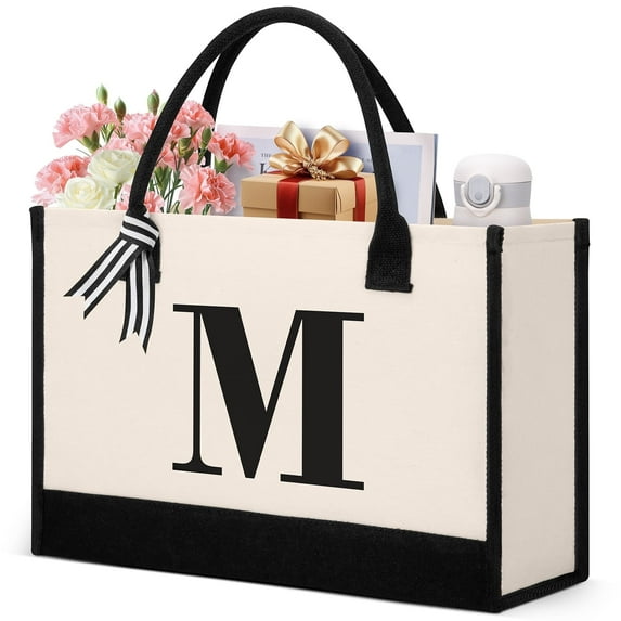 XUEYU Personalized Initial Tote Bags, Large Capacity Canvas Beach Bag for Women, Valentine's Day Gifts & Personalized Birthday Gift Initial Tote Bag w/ Comfortable Handle for Wife Mom Teacher Friend