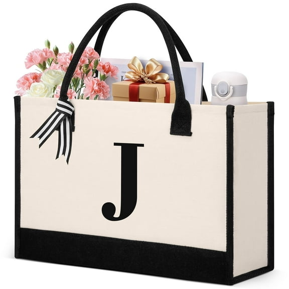 Xueyu Personalized Initial Tote Bag, Large Capacity Canvas Beach Bag for Women, Valentine's Day Gifts & Personalized Birthday Gift Initial Tote Bag & Comfortable Handle for Wife Mom Teacher Friend